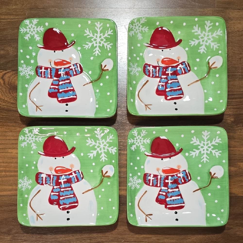 Pier 1 Jolly Holiday Snowman 6" Square Plates - Set Of 4